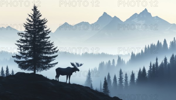 Majestic Moose Silhouette On Hill With Tree, Mountains, And Forest In Enchanting Misty Landscape. Horizontal Orientation For Stunning View, AI generated