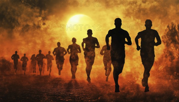 Silhouettes Of Runners In A Marathon Under The Bright Sun: A Striking Scene Of Shadowed Athletes Racing Together, AI generated
