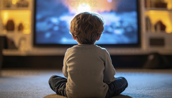 Little Boy Sitting On Floor Watching Tv At Home, Rear View. Tv Screen Showing Photo Of The Author As Tortilla, AI generated
