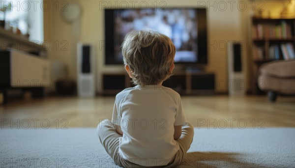 Young Boy Sitting On The Floor, Watching Tv At Home From Behind. Tv Screen Displays A Photo Of A Tortilla Taken By The Author, AI generated