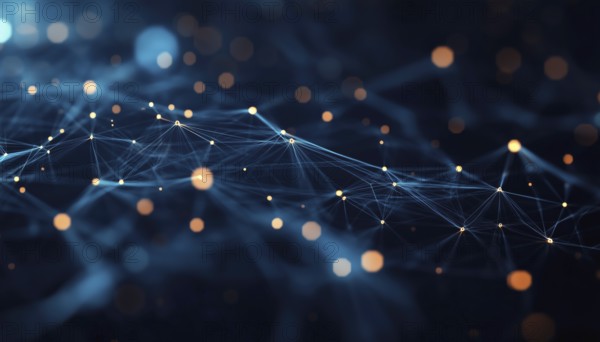 Abstract Tech Network Connection Dots: Dark With Plexus. Futuristic Scientific Wallpaper Featuring Mesh, Digital Technology, And Big Data Analysis, AI generated