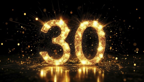 Glowing Golden Number 30 On A Black Background: Stunning Overlay For Birthday And Anniversary Greeting Cards For The Holidays, AI generated