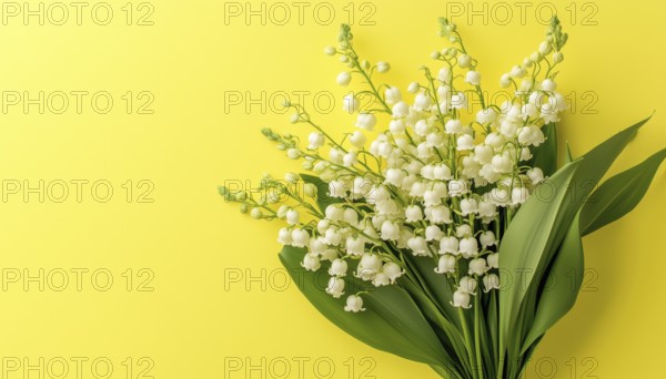 Lilies Of The Valley Bouquet: Beautiful Yellow Spring Web With Copy Space For Wedding, Birthday, And Mother'S Day Celebrations. Wide Angle Shot, AI generated
