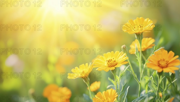 Beautiful Summertime Scene With Marigold Flowers In Sunlight: Calendula Officinalis Blooms In Full Display For Floral Wallpaper Or Web Design, AI generated