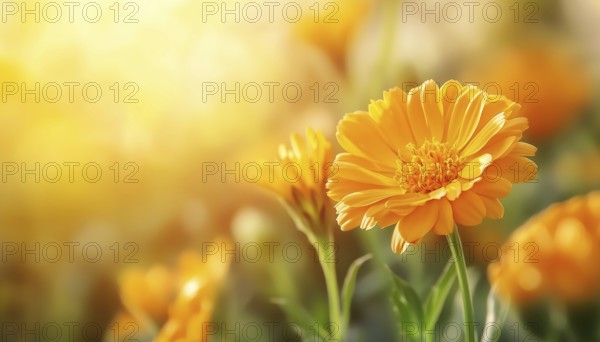 Summer Beauty: Marigold Flowers Bathed In Sunlight. Stunning Natural Landscape Featuring Blooming Calendula Officinalis During Summer. Perfect Wide-Screen Floral Wallpaper With Ample Copy Space, AI generated