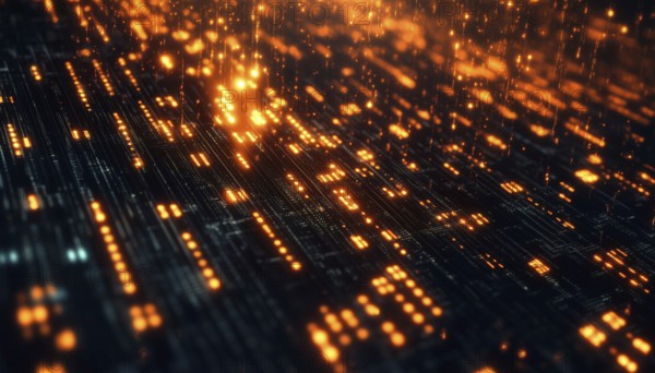 Digital Interface And Communication: Binary Code And Data Processing On Black Grid. Connection And Technology In Digitally Generated Image, AI generated