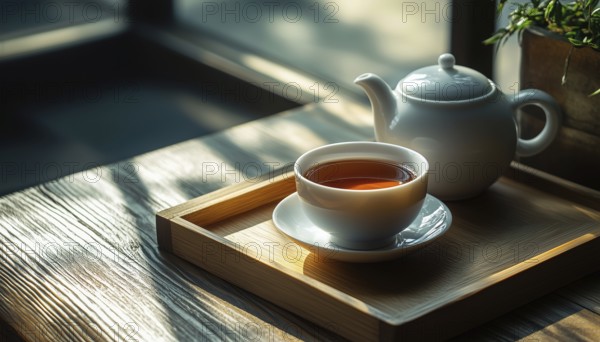 Close-Up Shot Of Teapot And Cup Of Tea On A Wooden Tray, Capturing The Details And Texture Of The Items. Perfect For Tea Lovers, AI generated