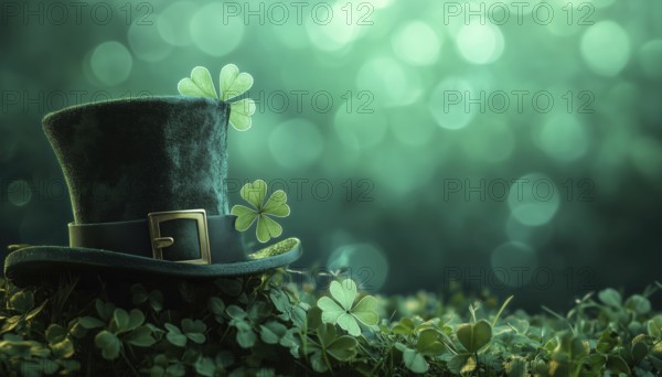 Green Saint Patrick'S Day Celebrations With Top Hat And Clover Leaf: A Festive Display Of Irish Pride And Luck. Enjoy!, AI generated