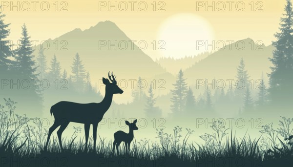 Deer, Doe, And Fawn Silhouettes Standing On Meadow In Magical Misty Landscape With Mountains And Forest - Green Bookmark, AI generated