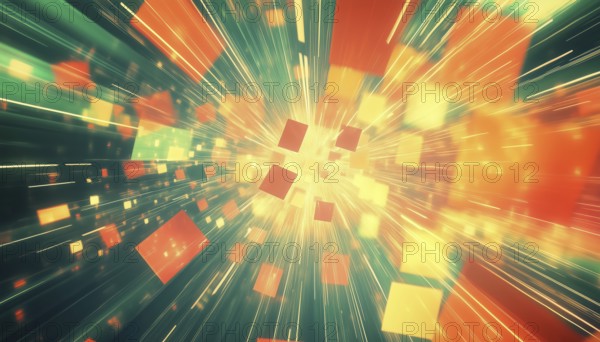 Vintage-Inspired Digital Art: Vibrant Glowing Rectangles Dancing Across A Green And Yellow Starburst Background With Retro Colors And Motion, AI generated
