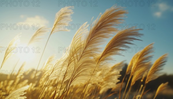 Beautiful Swirling Movement Of Miscanthus Sinensis In The Breeze. Tall And Graceful Grass Swaying In The Sunlight, AI generated