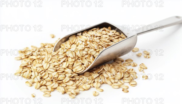 Premium Oat Groats And Rolled Oats Displayed On Metal Scoop Against A White Background - Featuring Fresh And Wholesome Ingredients, AI generated