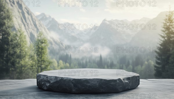Tranquil Forest Stone Display Stand: Product Presentation In Natural, Serene Setting With Blurred Mountains. Perfect For Highlighting Items. Rendered Image, AI generated
