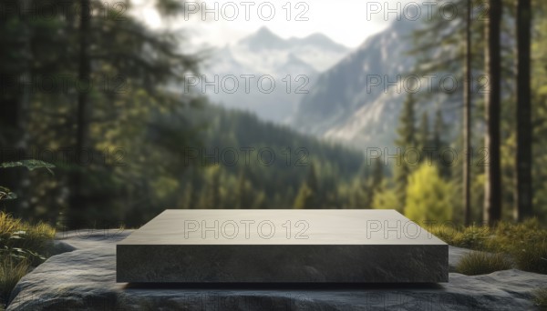 Tranquil Forest Landscape Stone Display Stand: Ideal For Showcasing Items In A Natural, Serene Setting With Blurred Mountains In Background Rendering, AI generated