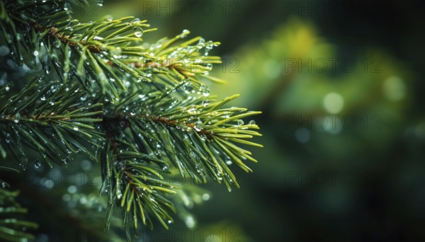 Close-Up Of Wet Pine Branches With Raindrops And Blurred Background Of Needles, Twigs, And Drops After Rain, AI generated