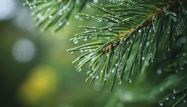 Close-Up Of Wet Pine Branches After Rain With Raindrops On Pine Needle, Natural Blurred Background With Twigs And Drops, AI generated