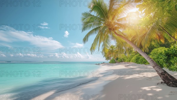 Tropical Paradise: Stunning Sandy Beach, Sunny Lagoon, And Blue Ocean Waters On A Beautiful Island With Palm Trees And Lush Nature Await Discovery, AI generated