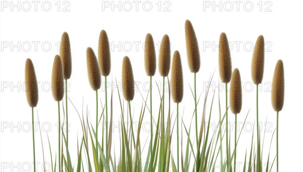 Assorted Names For Wetland Plants Showcased Against White Background: Bulrush, Cattail, Elephant Grass, Flag, Reedmace Tule, And More, AI generated
