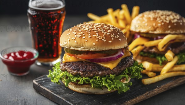 Tasty Homemade Burgers, Crispy French Fries, And Refreshing Cola Displayed On A Gray Background With Plenty Of Copy Space. Quick Dining Option, AI generated