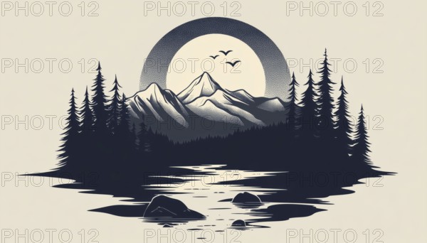 Nature-Inspired Mono Art: Mountains, Trees, Camping, Patch Badge, Emblem, T-Shirt, AI generated