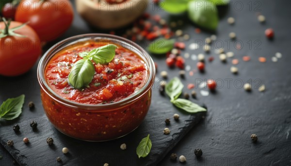 Homemade Italian Classic Marinara Sauce With Basil And Pepper On A Black Menu: Perfect Pasta And Pizza Dressing, AI generated