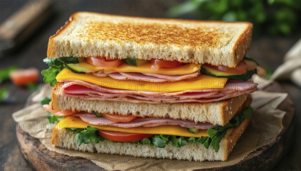 Classic Ham And Cheese Double Sandwich With Fresh Vegetables On Whole Wheat. Close-Up, Vertical Shot Showcasing This Delectable Fast Food Option, AI generated