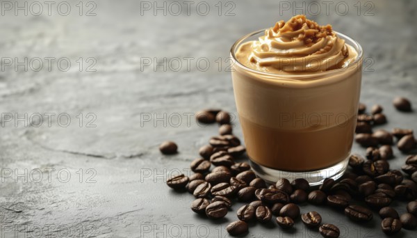 Side View Close-Up Of Dalgona Coffee And Coffee Beans On A Gray Background: A Detailed Look At The Delicious Brew, AI generated