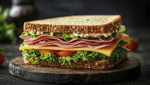Delicious Double Cheese And Ham Sandwich With Fresh Vegetables On Brown Bread. Up-Close Vertical View Of A Fast Food Meal, AI generated