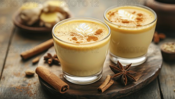 Healthy Latte With Turmeric, Cinnamon, And Anise Served In Two Glasses On A Wooden Table - A Nutritious Coffee Alternative, AI generated