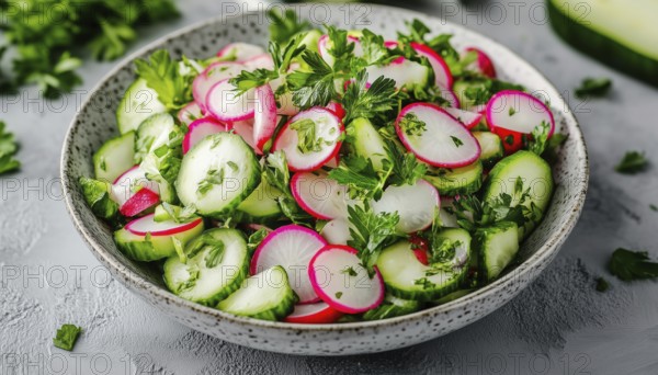 Top View Close-Up Of A Delicious Vegetable Salad With Radish, Cucumber, And Herbs On A Gray Plate, AI generated