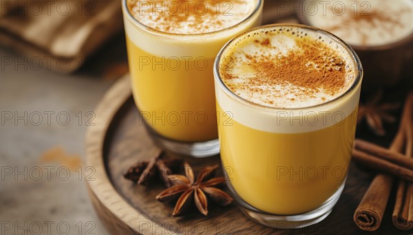 Healthy Turmeric Latte With Cinnamon And Anise Served In Wooden Glasses. Energizing Coffee Infused With Turmeric For Added Health Benefits, AI generated