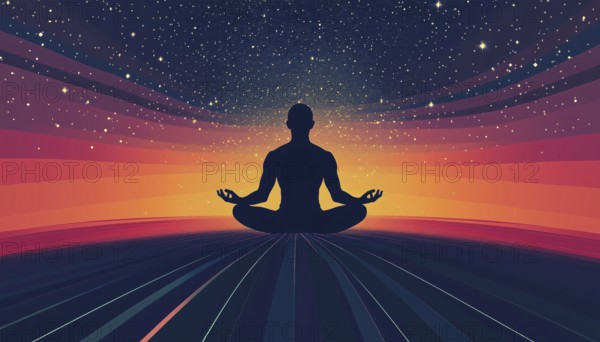 Self-Exploration Through Meditation, Mindfulness, And Dreaming With Silhouette Of Man In Lotus Pose On Retro 70s Background. Inner Journey Of The Mind, AI generated