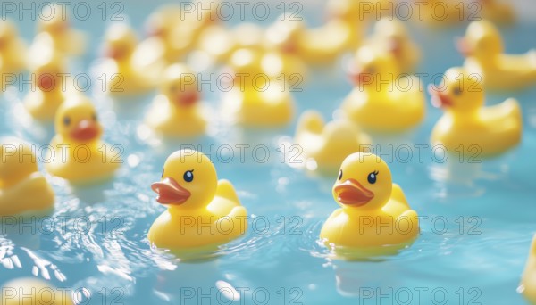 Yellow Rubber Ducks Swimming In Circles In A Pool While Being Focused On Selective Areas To Emphasize Their Movement. A Playful And Lively Scene, AI generated
