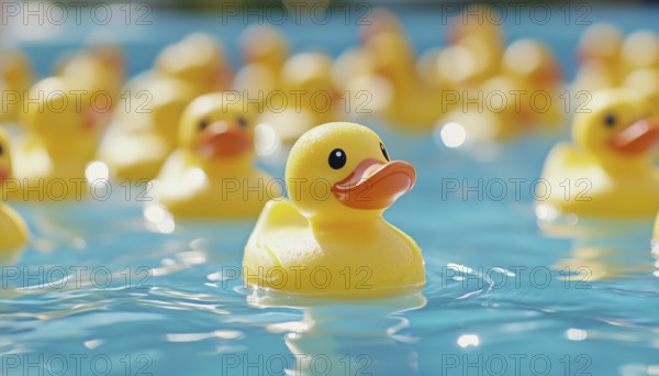 Yellow Rubber Ducks Swim In Circles In A Pool With Selective Focus, Capturing Playful Movement In A Whimsical Scene, AI generated