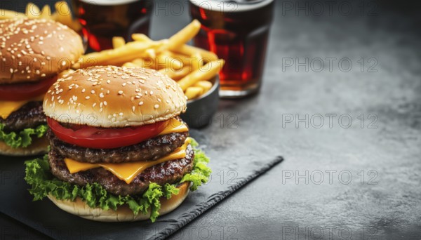 Savory Homemade Burgers, Crispy French Fries, And Refreshing Cola On A Neutral Background With Room For Text. Quick And Delicious Fast Food Option, AI generated