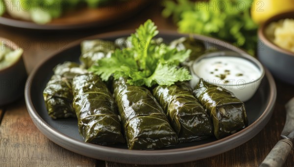 Mouthwatering Dolma Sarma: Stuffed Grape Leaves And Rice With White Yogurt Sauce - A Taste Of Lebanon, Turkey, And Greece, AI generated
