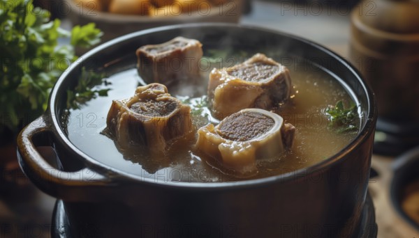 Homemade Beef Bone Broth: A Nutritious Elixir From Boiled Bones Rich In Collagen And Amino Acids For Protein Building Blocks, AI generated