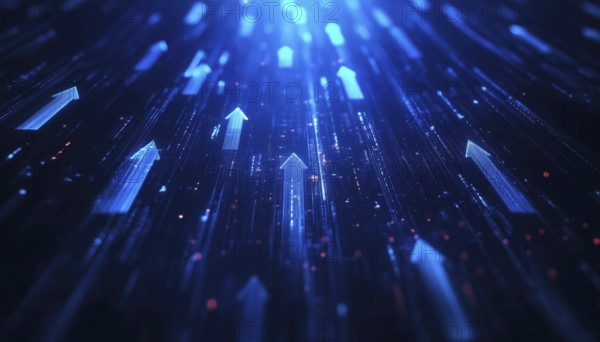 Dark Blue Abstract Showcasing Business Arrow Up Growth And Investment Technology, Depicting Trade Growth Towards Success With Financial Data Graphs And Strategies. Ideal For Covers And Posters, AI generated