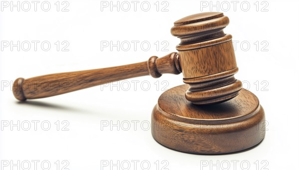Wooden Auction Hammer With Stand For Law And Justice: Judge'S Gavel Hammer On White For Adjudication, AI generated
