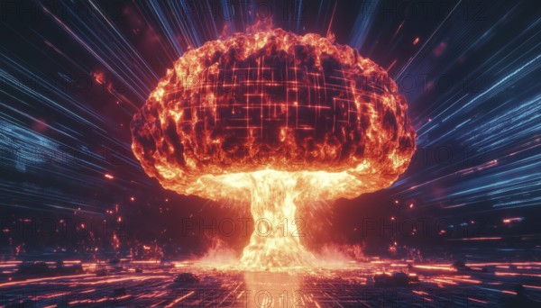 Explosive Atomic Mushroom Cloud Rising In Retro Cyberpunk 80s Sci-Fi Futuristic Setting With Laser Grid And Dangerous Destruction To Prevent War, AI generated