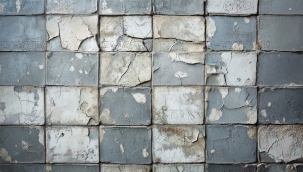 Deteriorating Aesthetic: Chipped Paint On Tiled Wall With Rough Grunge, Cracks, And Smudges, Creating A Distressed Look With Cracked Tiles, AI generated
