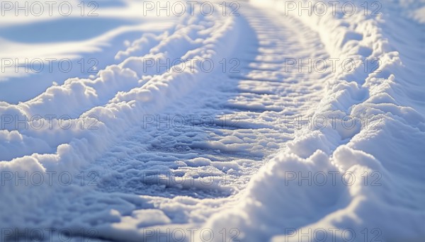 Close-Up View Of Tire Tracks On Snow-Covered Streets: Capturing The Trail Left Behind By Vehicles In The Winter Wonderland, AI generated