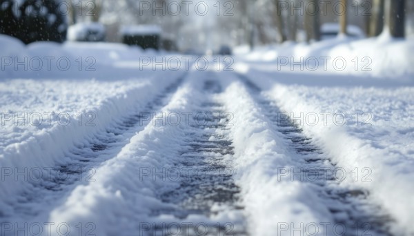 Close Up View Of Tire Tracks On Snow Covered Streets: A Detailed Look At Winter Imprints On The Road Ahead, AI generated