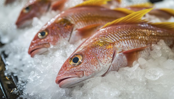 Fresh Goatfish, Red Mullets, And Surmullets Resting On Ice In A Fish Shop Or Market. Gorgeous Seafood Display For Customers To See, AI generated