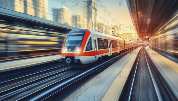 Motion Blur Effect Transportation: City Train Drives On Railroad At The Platform Train Station On A Sunny Day, Captured In Action, AI generated