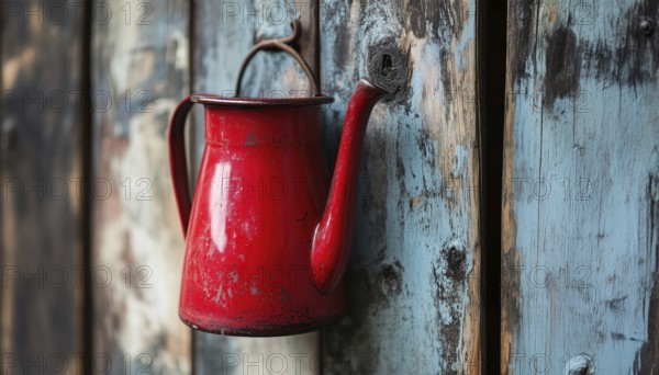Rustic Wooden Wall Decor Featuring A Vintage Red Jug Hanging, Adding A Touch Of Charm And Nostalgia To Any Space, AI generated
