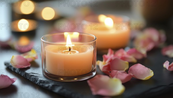 Pampering With Spa Candles And Rose Petals: Creating A Relaxing Ambiance For A Tranquil And Luxurious Experience. Perfect For Self-Care, AI generated
