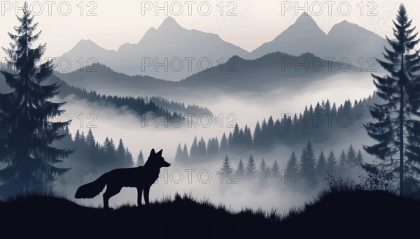 Majestic Fox Standing On Hill In Misty Landscape With Mountains And Forest - Magical Gray Silhouette Of Animal Amidst Trees, AI generated