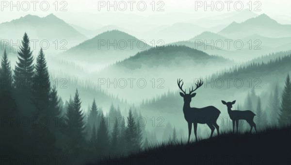 Horizontal Silhouette Of Deer Family Standing On Hill With Forest And Mountains In Enchanting Misty Landscape With Green Fog, AI generated