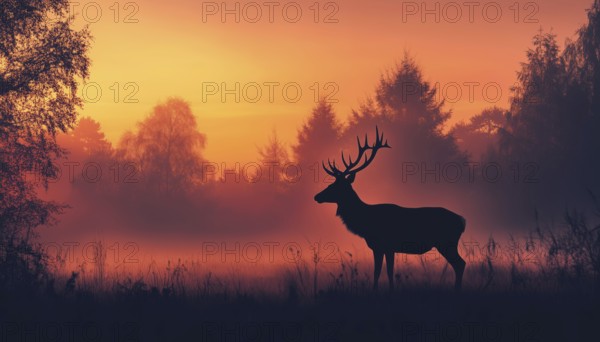 Ethereal Deer Silhouette On Meadow In Enchanted Forest: Magical Misty Landscape With Trees, Grass, And Fog In Orange, Black, And Pink, AI generated